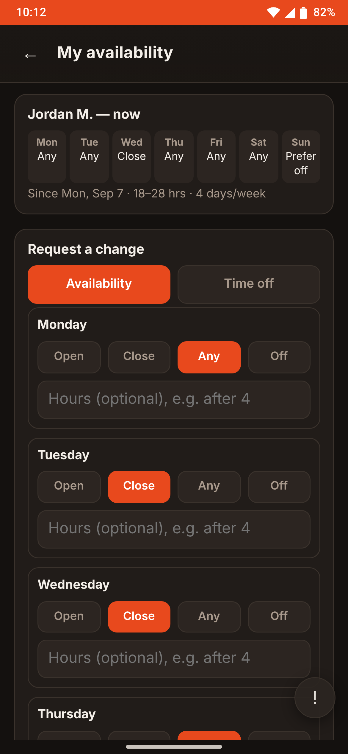 Phone form for requesting availability changes by day, with open, close, any, and off options.