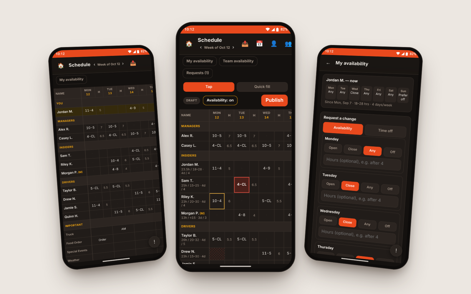 Three phones showing Howie Helper's crew schedule view, the manager's draft week with availability flags, and an availability request form.