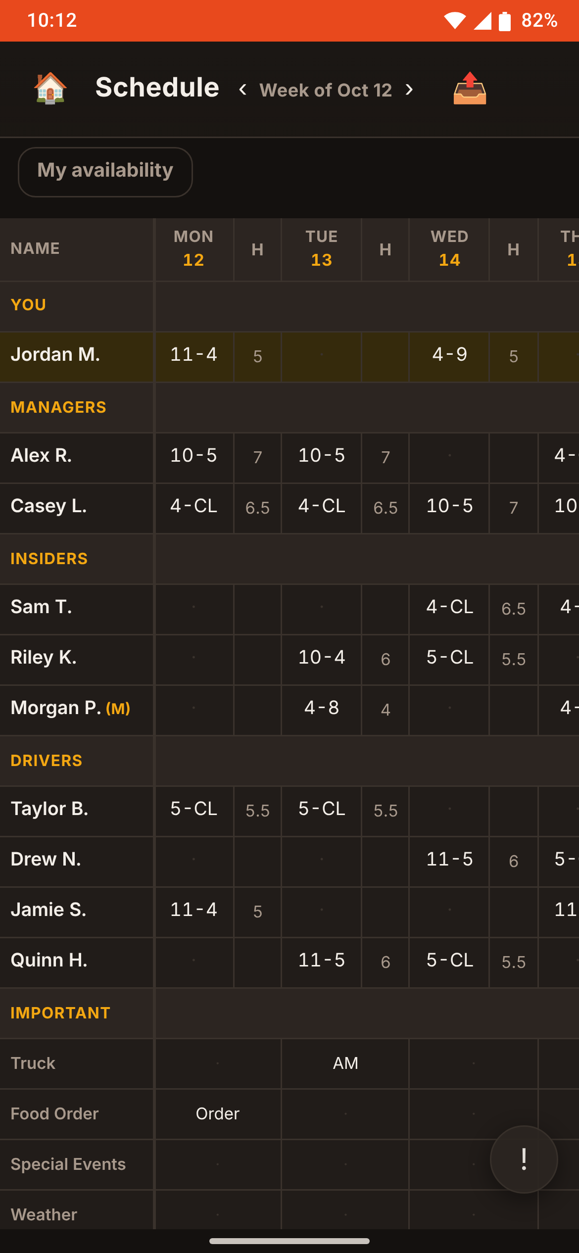 Phone view of the published schedule with the viewer's row pinned at the top.