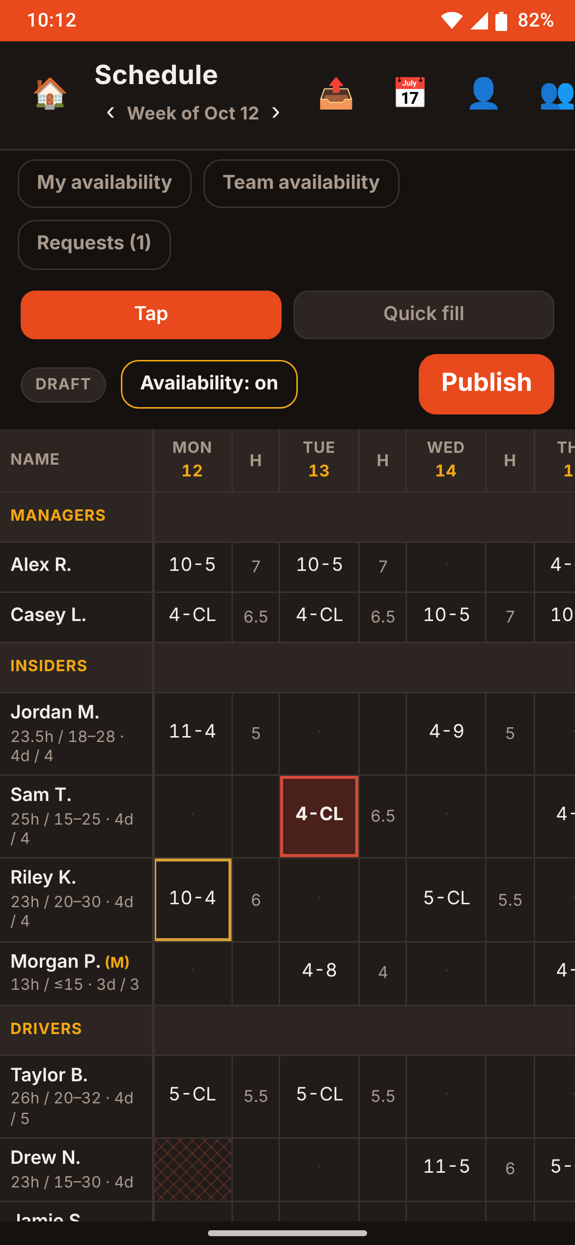 Phone view of the draft schedule with a red-outlined conflict and an amber-outlined warning.